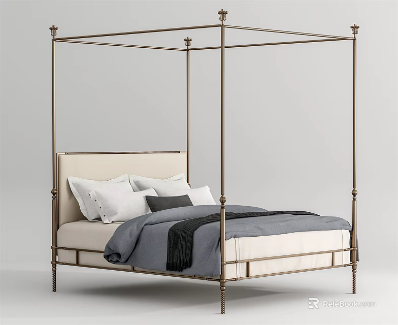 Elegant Four Poster Double Bed with Metal Frame Beige Headboard Gray Bedding and White Pillows 3d model 