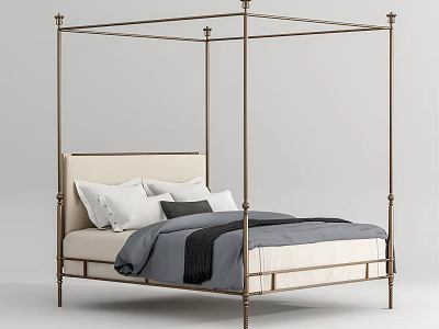 Elegant Four Poster Double Bed with Metal Frame Beige Headboard Gray Bedding and White Pillows 3d model