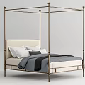 Elegant Four Poster Double Bed with Metal Frame Beige Headboard Gray Bedding and White Pillows