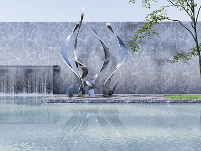 Modern Curved Stainless Steel Sculpture with Water Pool Reflection and Waterfall against Gray Stone Wall 3d model