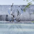 Modern Curved Stainless Steel Sculpture with Water Pool Reflection and Waterfall against Gray Stone Wall