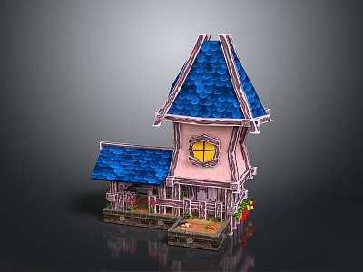Fairy Tale Style Pink Building Featuring Blue Roof Pointed Tower Yellow Window And Porch Plants 3d model