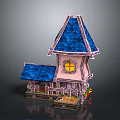 Fairy Tale Style Pink Building Featuring Blue Roof Pointed Tower Yellow Window And Porch Plants