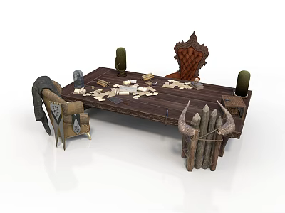 Decorative Building Interior With Wooden Table Ornate Chair Cushions Horns And Papers 3d model