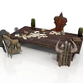 Decorative Building Interior With Wooden Table Ornate Chair Cushions Horns And Papers