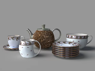 Elegant Decorative Tea Set With Teapot Cups Saucers And Patterned Plates 3d model