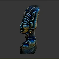 Intricate Mythical God Sculpture Carving With Blue Gold Headdress And Detailed Facial Features