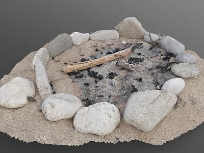 Outdoor Garden Stone Circle Fire Pit with Sand Ash and Logs 3d model
