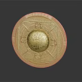 Golden Circular Medallion With Intricately Engraved Ornate Design And Central Emblem