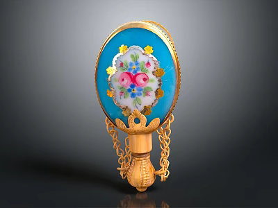 Vintage Oval Hand Mirror With Blue Enamel Floral Design Gold Frame And Gold Chain Base 3d model