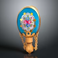 Vintage Oval Hand Mirror With Blue Enamel Floral Design Gold Frame And Gold Chain Base