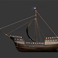 Vintage Wooden Sailing Ship With Yellow Sail Decorative Details And Flag
