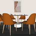 Modern Dining Table Set With Round Table Orange Leather Chairs And Metal Legs 3d model