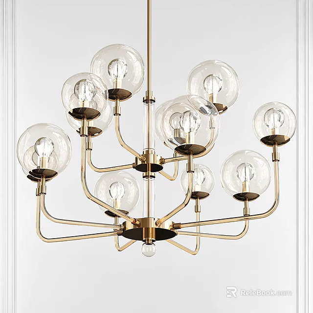 Elegant Modern Chandelier With Golden Frame And Clear Glass Globes 3d model 