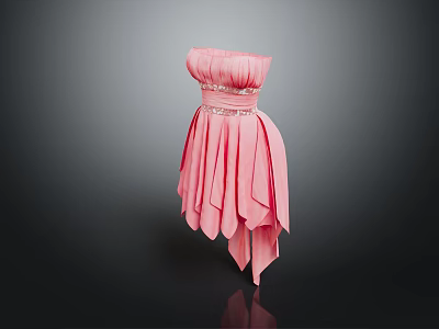 Pink Strapless Pleated Dress With Beaded Waistband And Asymmetrical Hem Design 3d model