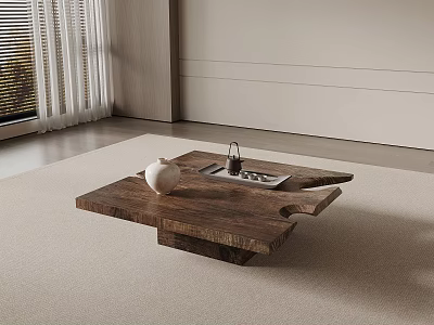 Wooden Coffee Table With Unique Design White Vase And Tray In Minimalist Interior 3d model