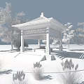 Traditional Wooden Pavilion With Carved Roof Surrounded By Green Trees Grass And Pink Flowers