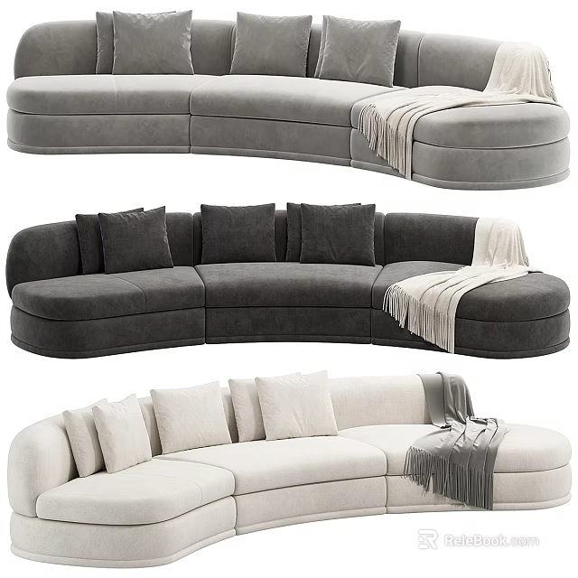Neutral Tones Curved Sectional Sofa With Plush Cushions And Throw Blanket 3d model 
