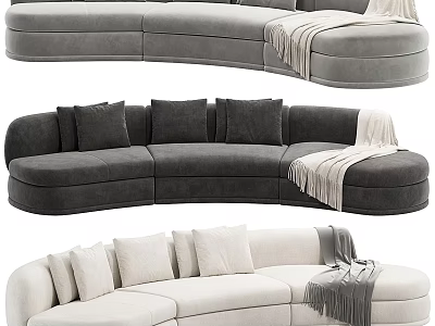 Neutral Tones Curved Sectional Sofa With Plush Cushions And Throw Blanket 3d model