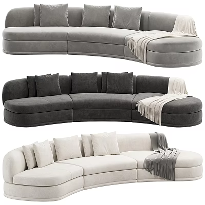Neutral Tones Curved Sectional Sofa With Plush Cushions And Throw Blanket 3d model