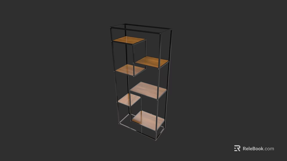 Modern Open Bookcase With Metal Frame And Multi Tier Wooden Shelves 3d model 
