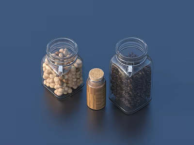 Transparent Glass Storage Jars With Beans Spices And Small Wooden Cork Bottle 3d model