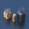 Transparent Glass Storage Jars With Beans Spices And Small Wooden Cork Bottle