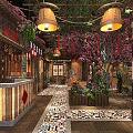 Charming Restaurant Interior With Pink Cherry Blossom Trees Red Lanterns And Colorful Tiled Flooring