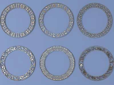 Intricate Carved Circular Decorative Pieces With Various Intricate Patterns On Blue Background 3d model