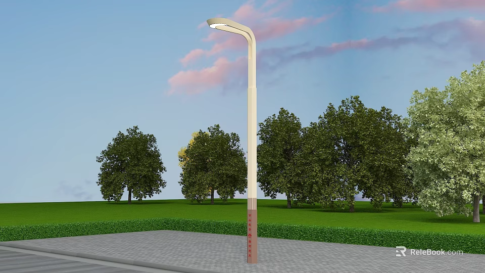 Outdoor Street Light With Blue Sky Pink Clouds Green Trees And Paved Ground 3d model 
