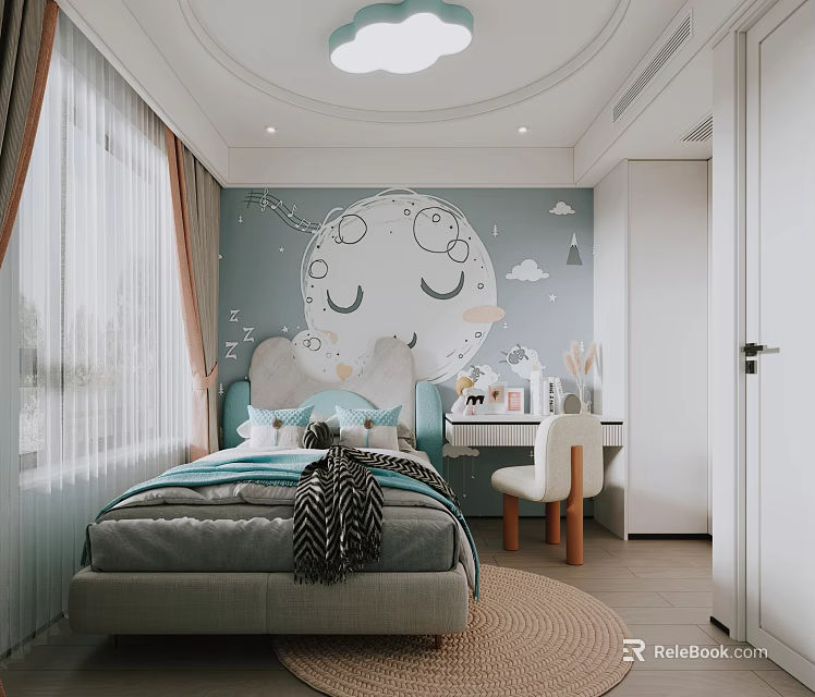 Cozy Kids Bedroom With Moon Cloud Mural Bed Desk And Curtains 3d model 