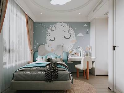 Cozy Kids Bedroom With Moon Cloud Mural Bed Desk And Curtains 3d model