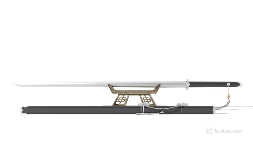 Traditional Sword With Polished Steel Blade Black Scabbard And Decorative Metal Stand 3d model 