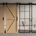 Modern Interior Sliding Barn Door Design With Wooden And Glass Panels And Black Rail Hardware
