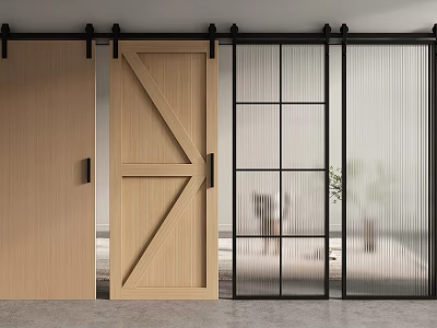 Modern Interior Sliding Barn Door Design With Wooden And Glass Panels And Black Rail Hardware 3d model