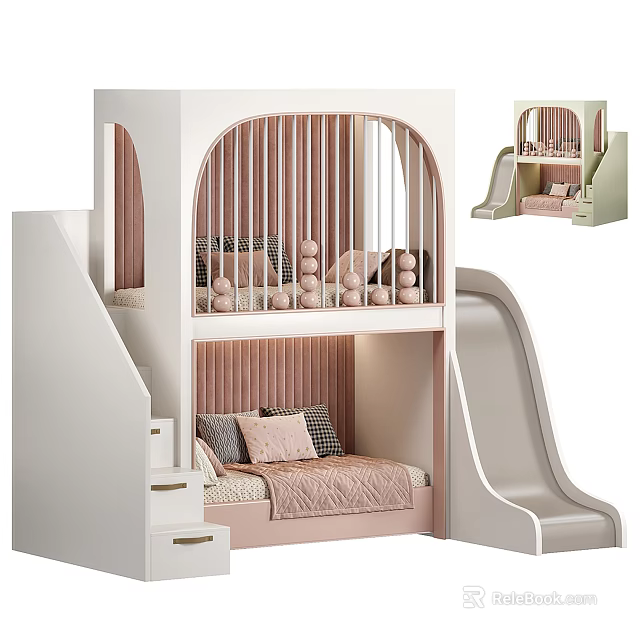 Kids Bunk Bed With Slide Steps Drawers And Pink Decor 3d model 