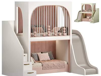 Kids Bunk Bed With Slide Steps Drawers And Pink Decor 3d model