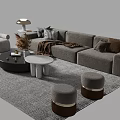 Modern Gray Sofa and Coffee Table Set with Decorative Pillows Throw Blanket Stools and Rug 3d model