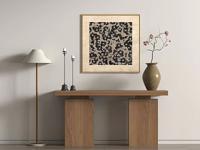 Wooden Console Table Interior With Framed Artwork Vase Silver Ornaments And Floor Lamp 3d model
