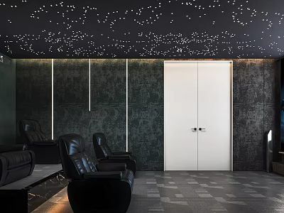 Home Theater Room Featuring Starry Ceiling Vertical Lights White Double Doors And Black Leather Seats 3d model