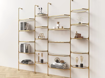 Stylish Modern Gold Bookshelf With Multiple Shelves Books And Decor Items 3d model