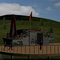 Scenic Garden Landscape With Red Star Monument Red Flag Green Trees And Wooden Platform