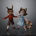 3D Cartoon Characters With Boy Red Shirt Girl Cat Ears Striped Tail Blue Dress