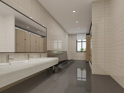 Bright Modern School Restroom With White Sink Counter Mirrors Cabinets And Tiled Walls 3d model