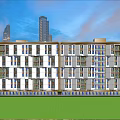 Modern Hotel Building Exterior With Multiple Windows Balconies And Water Features