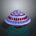 Futuristic Multi Layered UFO Like Structure With Colorful Purple Red Blue Green Rings And Reflection