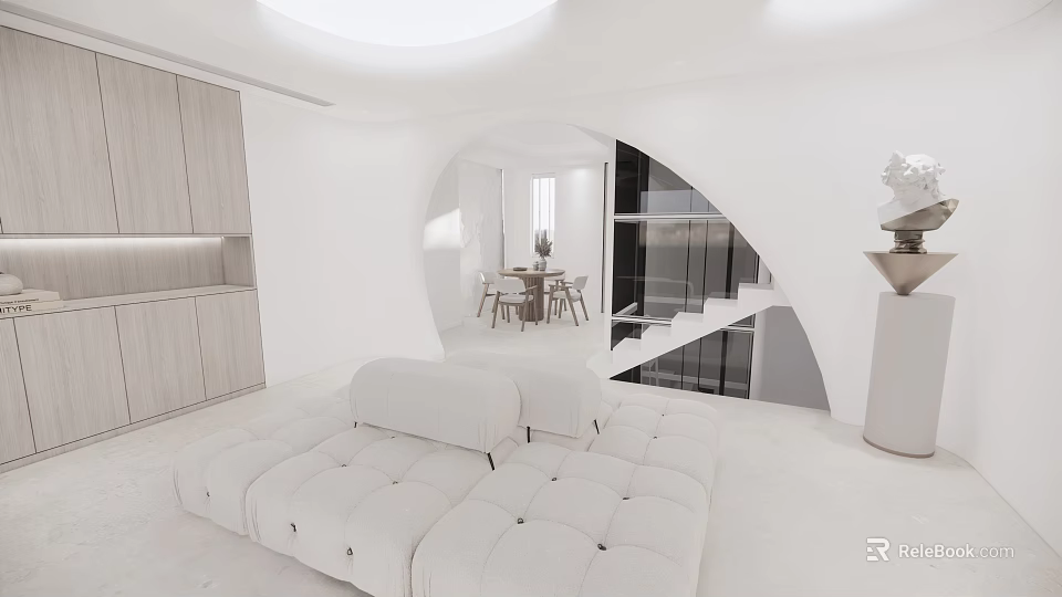 Modern Minimalist Living and Dining Room With White Sofa Dining Table Chairs Archway and Staircase 3d model 