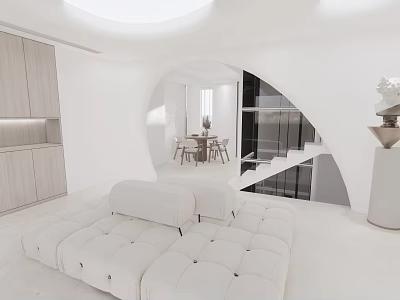 Modern Minimalist Living and Dining Room With White Sofa Dining Table Chairs Archway and Staircase 3d model