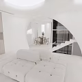 Modern Minimalist Living and Dining Room With White Sofa Dining Table Chairs Archway and Staircase