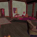 Architectural Interior With Wooden Columns Wallpapered Walls Wooden Floors Bed Chairs Rugs Wardrobe And Mirror